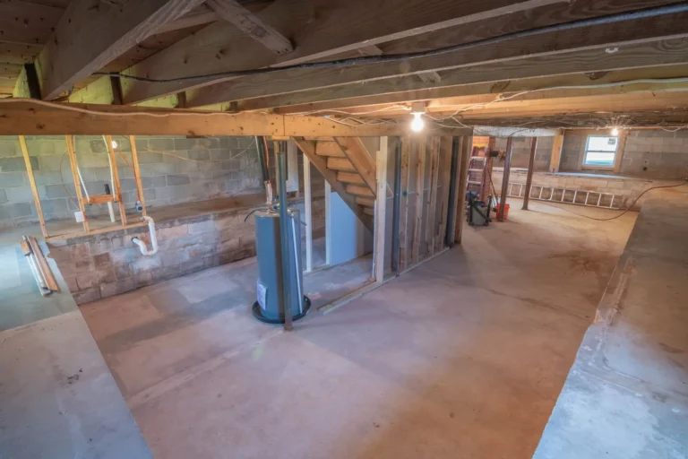 Unfinished basement with concrete block walls, a water heater and exposed pipes, common places to check for a musty smell in basement